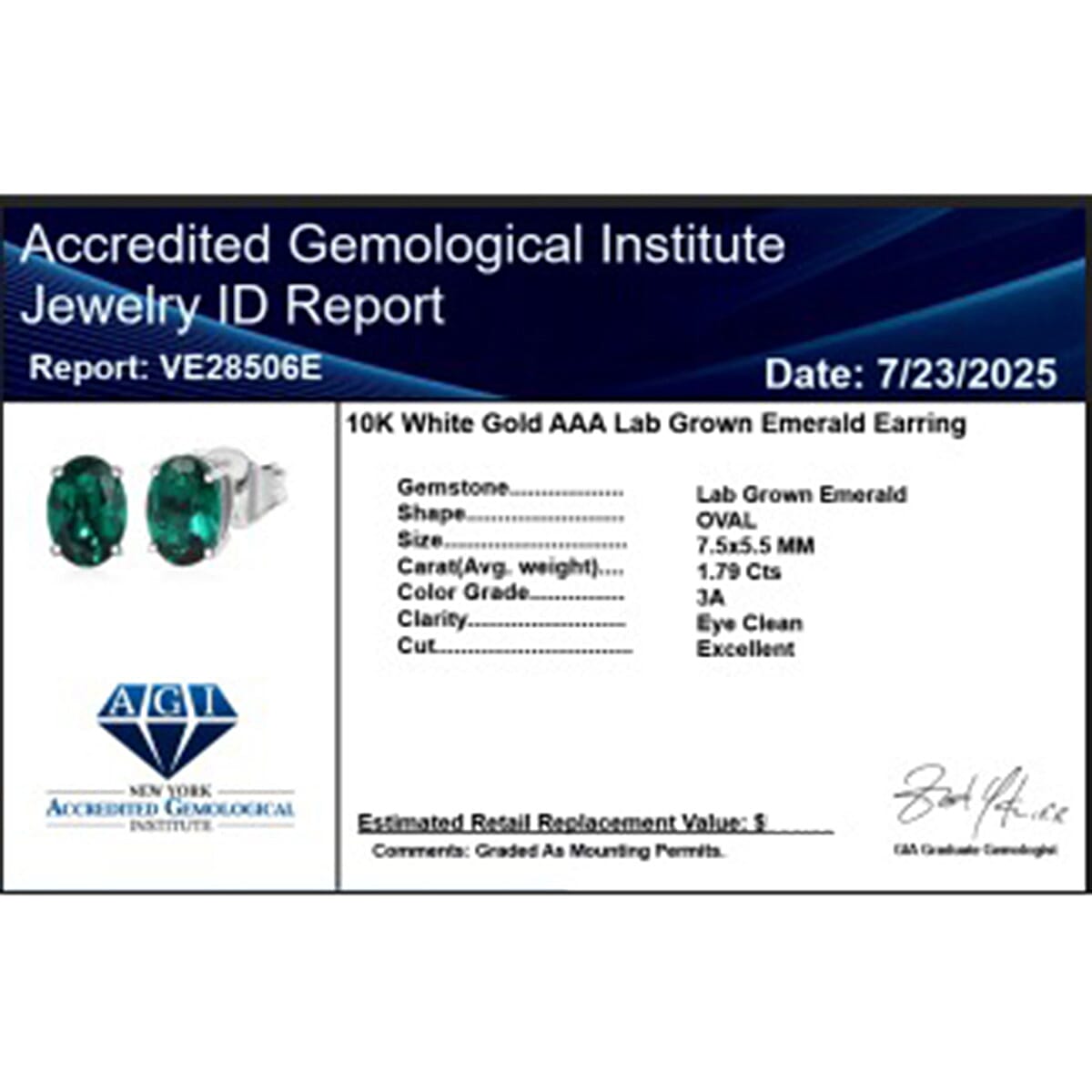 Appraised &amp; Certified LUXURIANT 10K White Gold AAA Lab Grown Emerald Solitaire Stud Push Post Earring, 1.78 Ct. 8111718 6