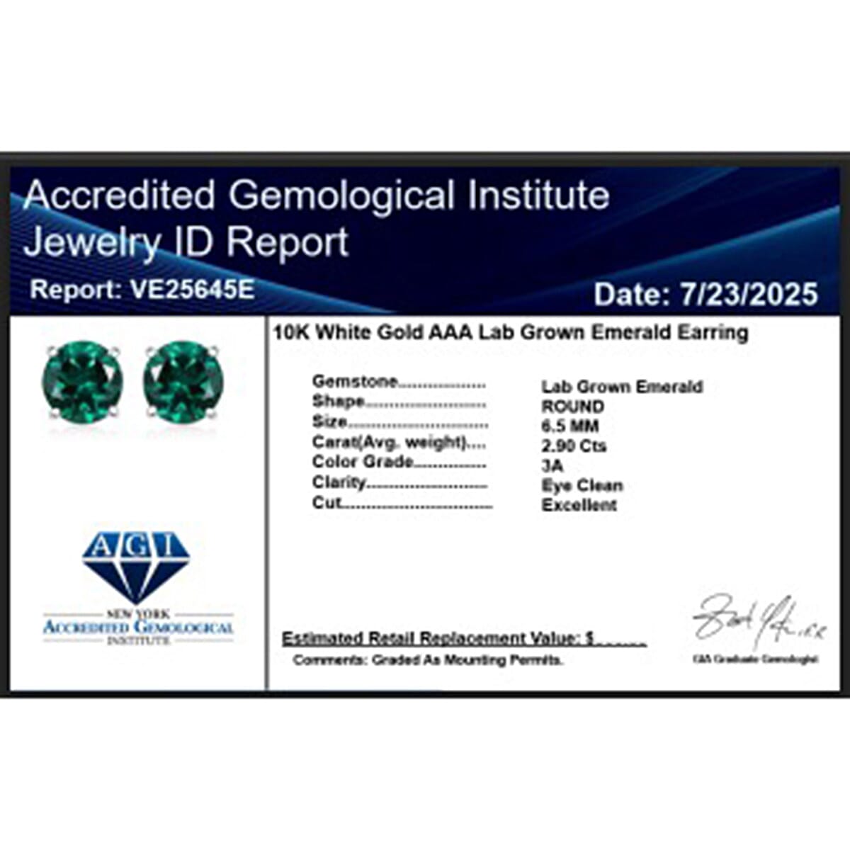 Certified and Appraised LUXURIANT AAA Lab Grown Emerald Solitaire Stud Push Post Earring in 10K White Gold, 1.88 Ct. 8112466 6