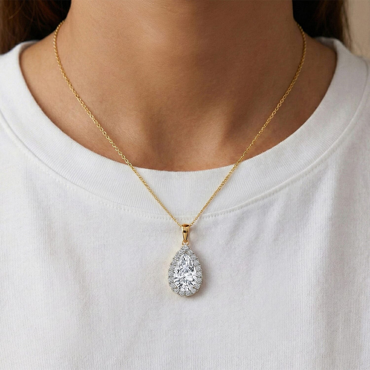 LUXURIANT 5 Ct. Lab Grown Diamond Pear Cut Halo Pendant in 18K Yellow Gold SGL Certified (VS-EF) 8502395 2