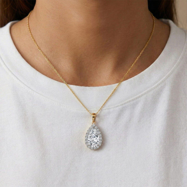 LUXURIANT 5 Ct. Lab Grown Diamond Pear Cut Halo Pendant in 18K Yellow Gold SGL Certified (VS-EF) 8502395 2