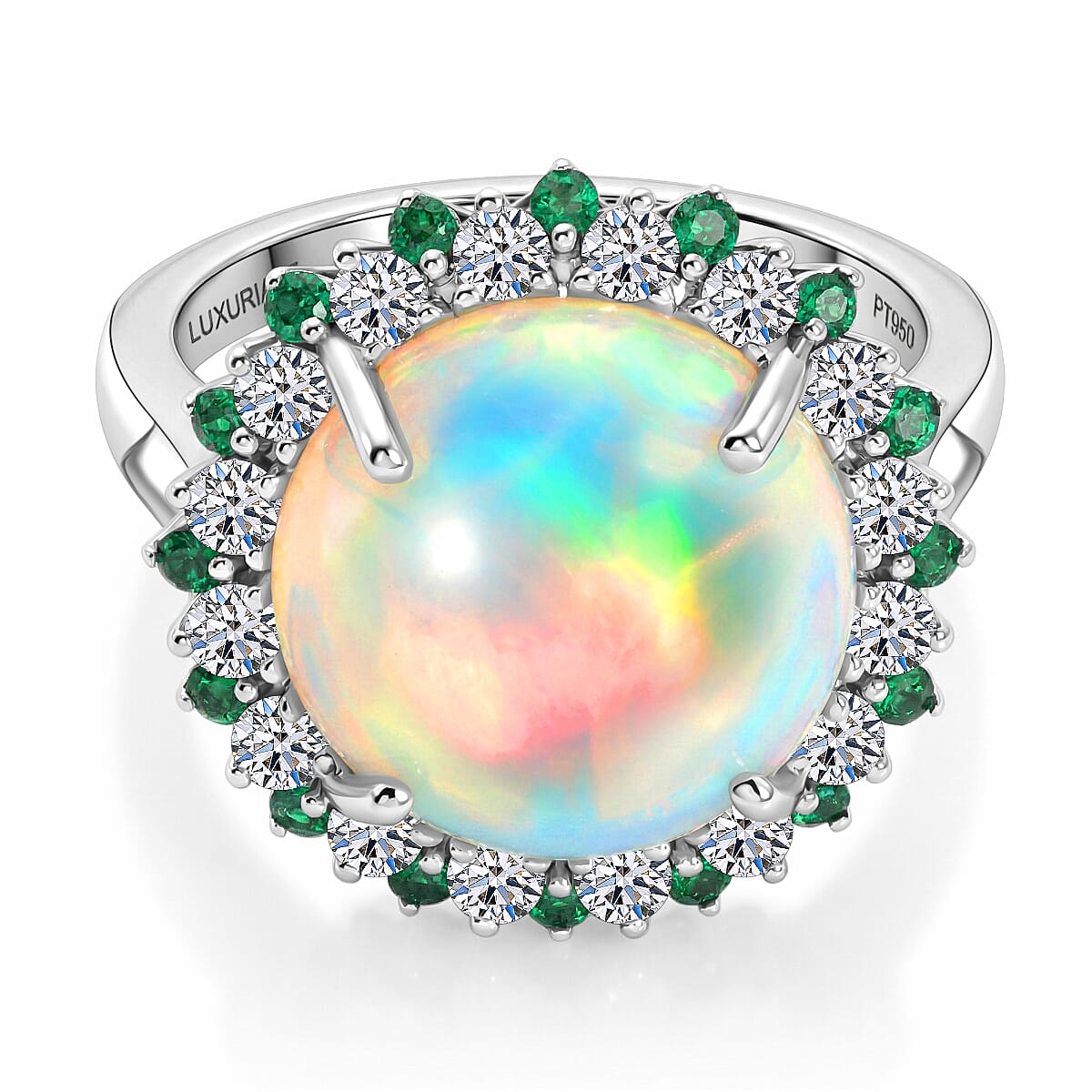 950 Platinum AAA Ethiopian Opal, Natural Emerald & SI-G-H Lab Grown Diamond Halo Ring 6.50 Ct, Platinum Wt. 6.82 Gms