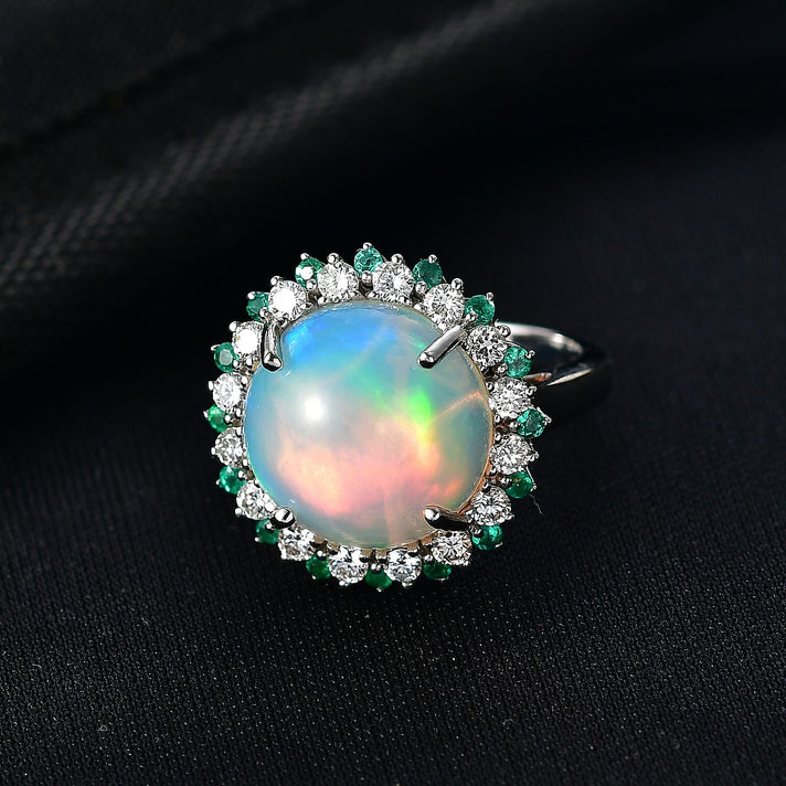 950 Platinum AAA Ethiopian Opal, Natural Emerald &amp; SI-G-H Lab Grown Diamond Halo Ring 6.50 Ct, Platinum Wt. 6.82 Gms 8251414 2