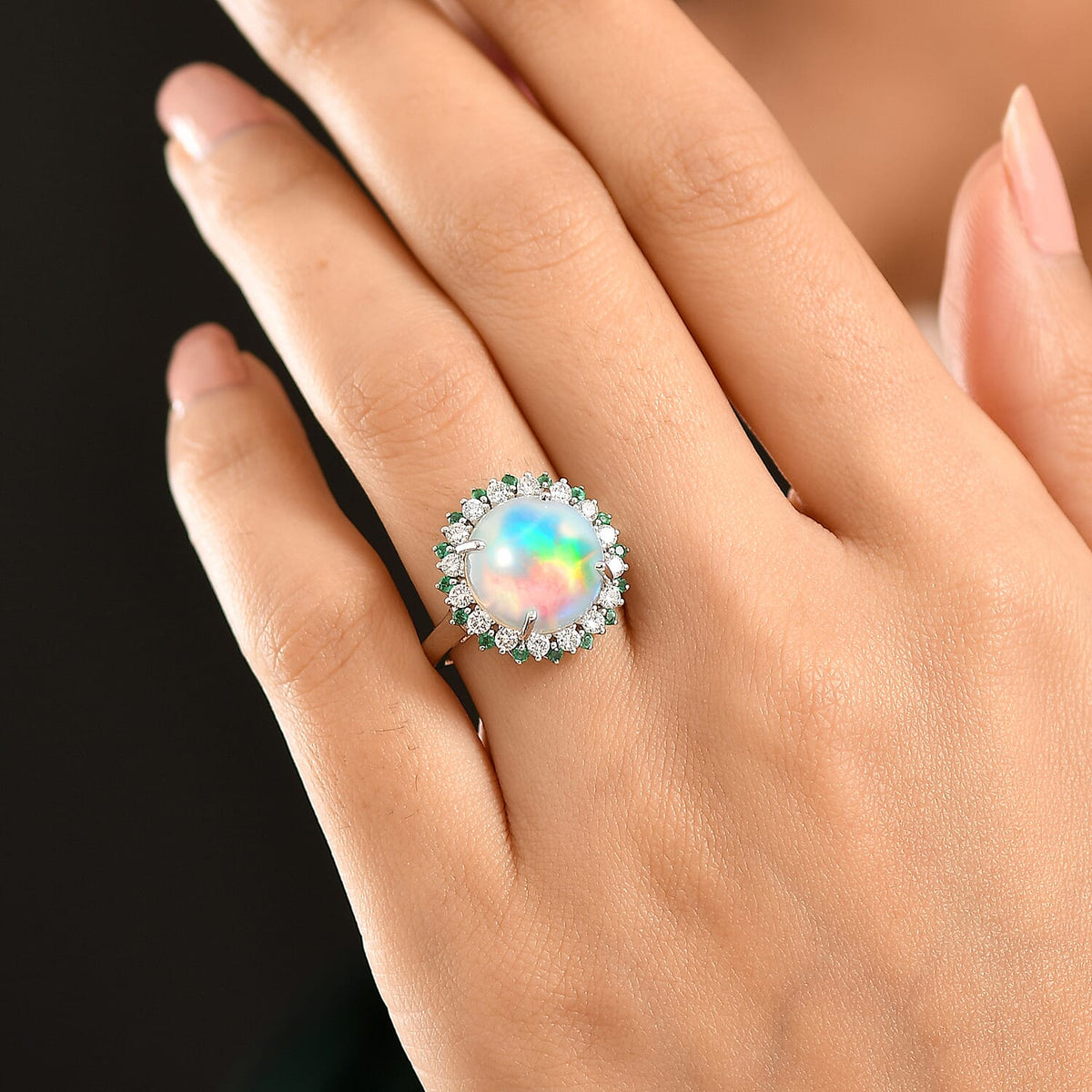 950 Platinum AAA Ethiopian Opal, Natural Emerald &amp; SI-G/H Lab Grown Diamond Halo Ring 6.50 Ct, Platinum Wt. 6.82 Gms V32546272 3