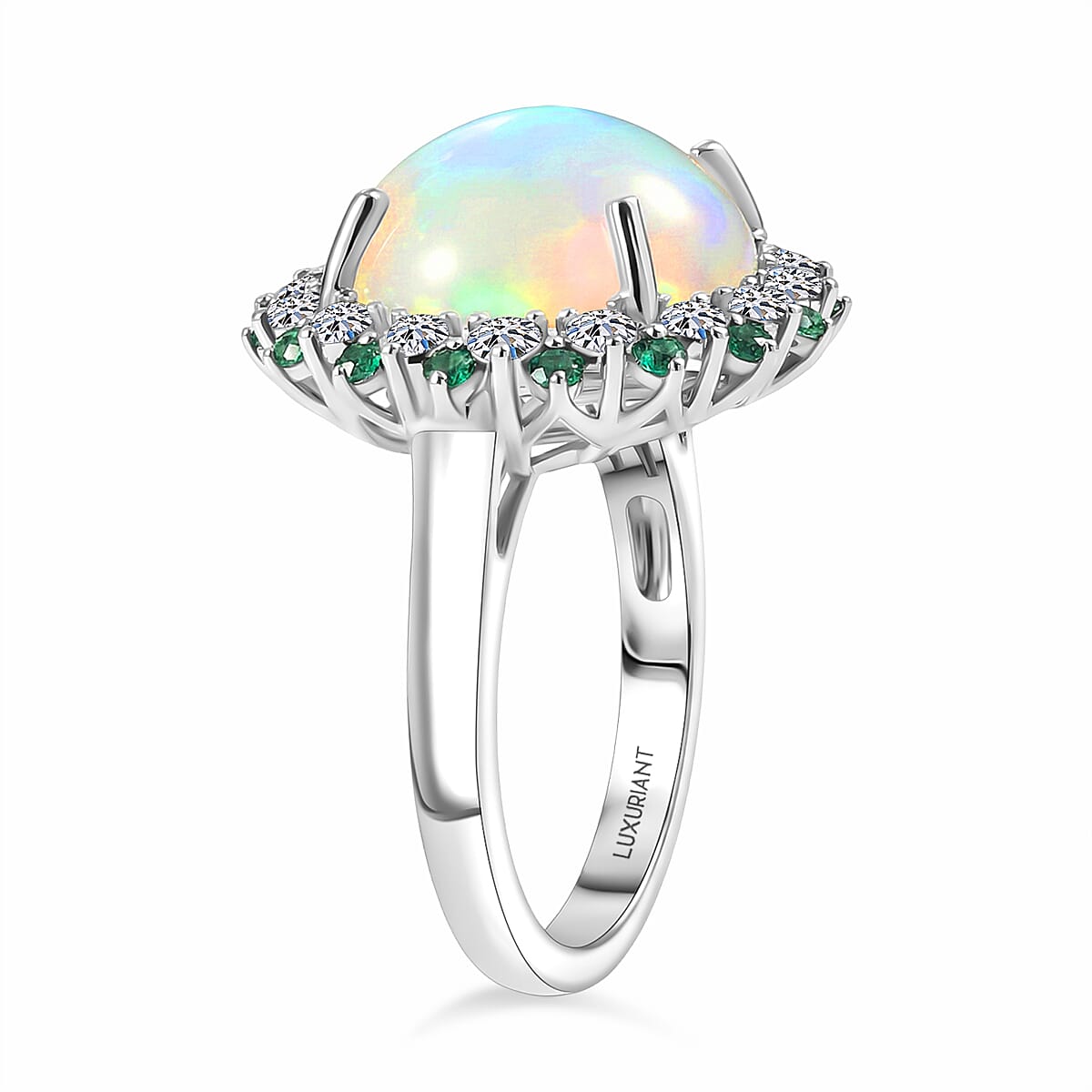 950 Platinum AAA Ethiopian Opal, Natural Emerald &amp; SI-G/H Lab Grown Diamond Halo Ring 6.50 Ct, Platinum Wt. 6.82 Gms V32546272 4
