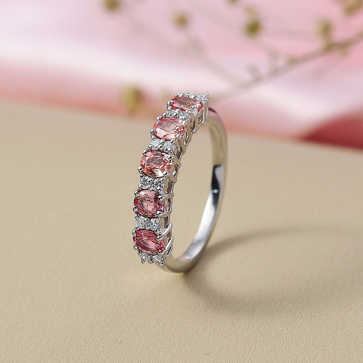 LUXURIANT 1.15 Ct. AAAA Padparadscha Sapphire, Lab Grown Diamond Half-Eternity Ring in 950 Platinum (SI-GH) 8278705 2