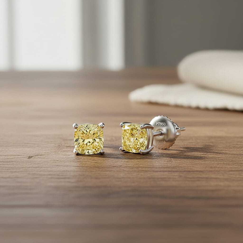 LUXURIANT 2 Ct. Lab Grown Yellow Diamond Solitaire Earrings in 950 Platinum, SGL Certified 8356075 2