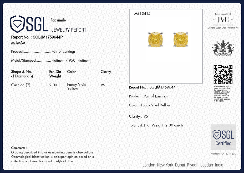 Certified Canary Yellow Diamond (VS-Lab Grown) Earring in Platinum with Screw Back 2.00 Ct.