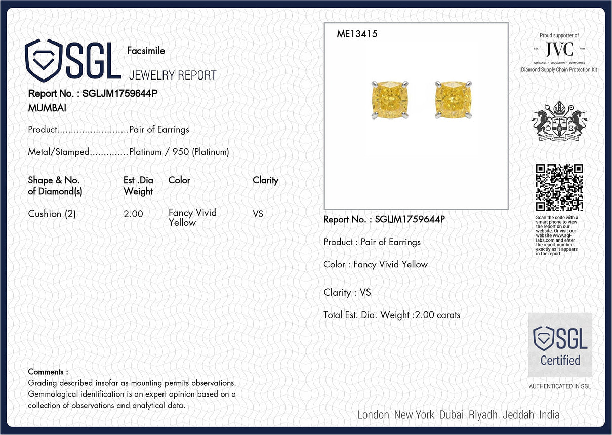 LUXURIANT 2 Ct. Lab Grown Yellow Diamond Solitaire Earrings in 950 Platinum, SGL Certified 8356075 6