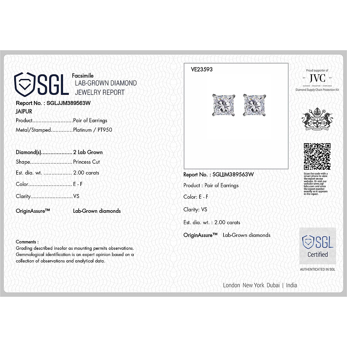 Luxuriant - 950 Platinum SGL Certified Lab Grown Diamond (VS-E-F) Solitaire Stud Push Post Earring 2.00 Ct. 8360038 6