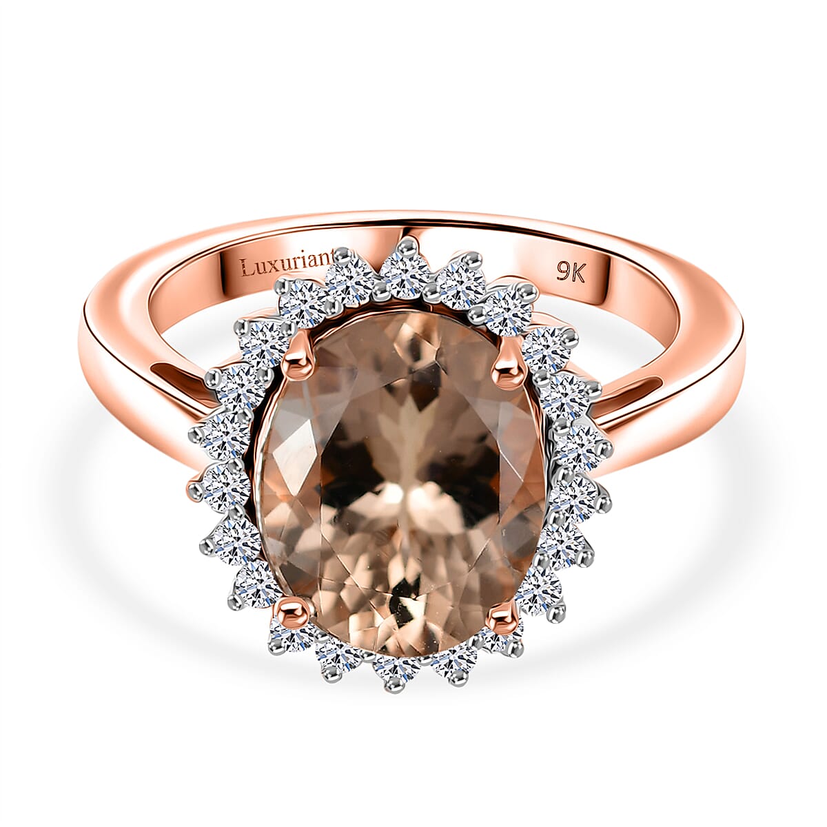LUXURIANT 3.1 Ct AAA Morganite, Lab Grown Diamond Halo Ring in 9K Rose Gold (SI-GH) V32516180 0