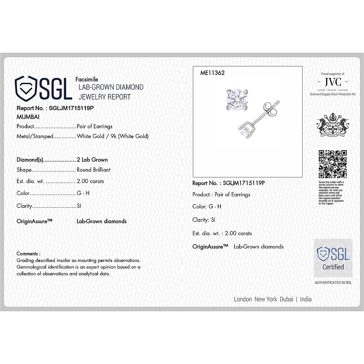 LUXURIANT 2 Ct. Lab Grown Diamond Solitaire Stud Earring in 9K White Gold (SI-GH) 8509518 5