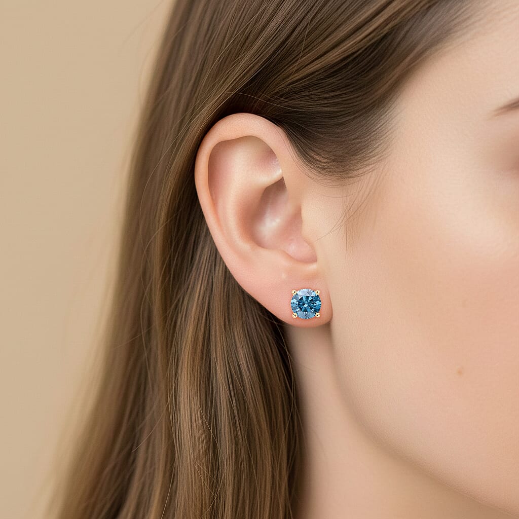 LUXURIANT 2 Ct. Lab Grown Blue Diamond Push Post Earring in 9K Yellow Gold SGL Certified (VS) 8430480 3