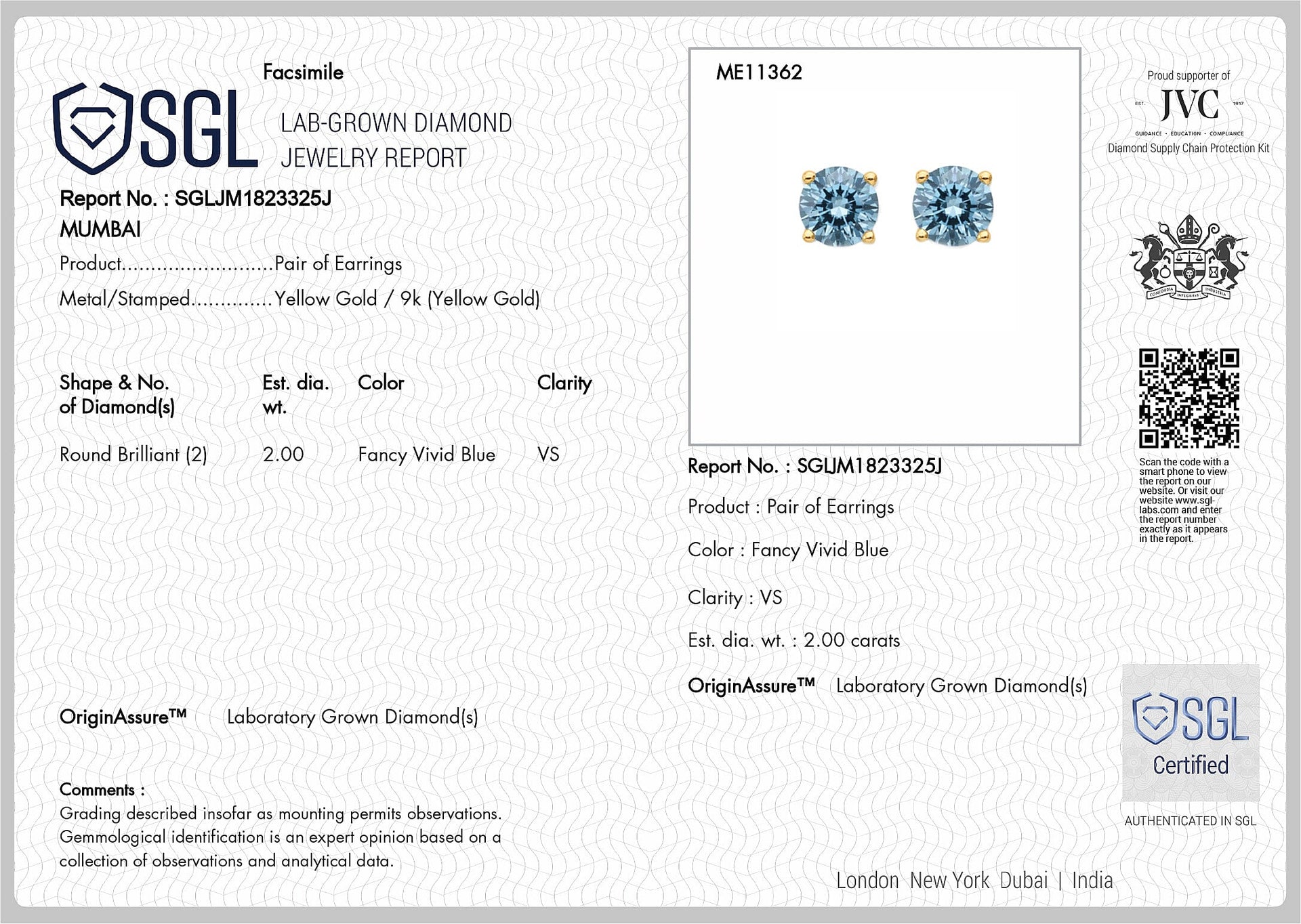 LUXURIANT 2 Ct. Lab Grown Blue Diamond Push Post Earring in 9K Yellow Gold SGL Certified (VS) 8430480 7