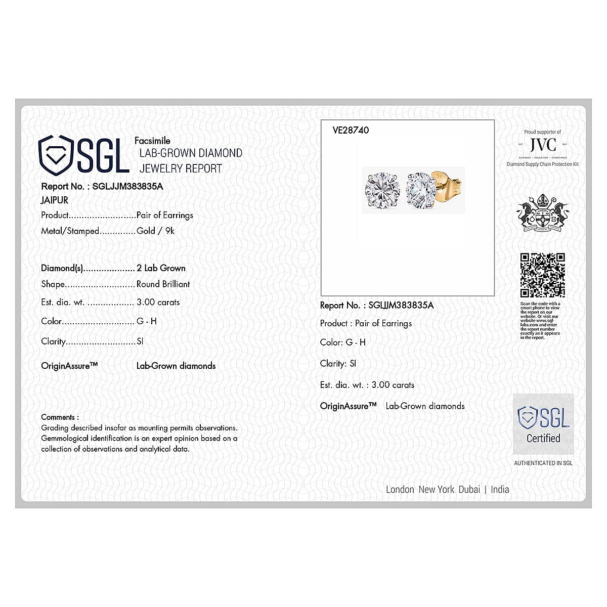 LUXURIANT 3 Ct. Lab Grown Diamond Solitaire Earrings in 9K Gold, SGL Certified 8267813 6