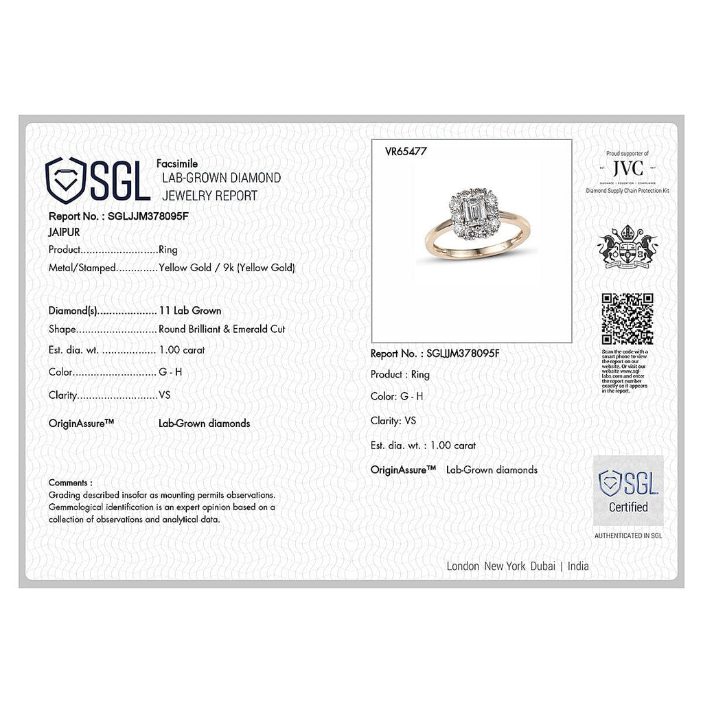 Luxuriant 9K Yellow Gold (VS-GH) Lab Grown Diamond Solitaire SGL Certified Ring 1.00 Ct.