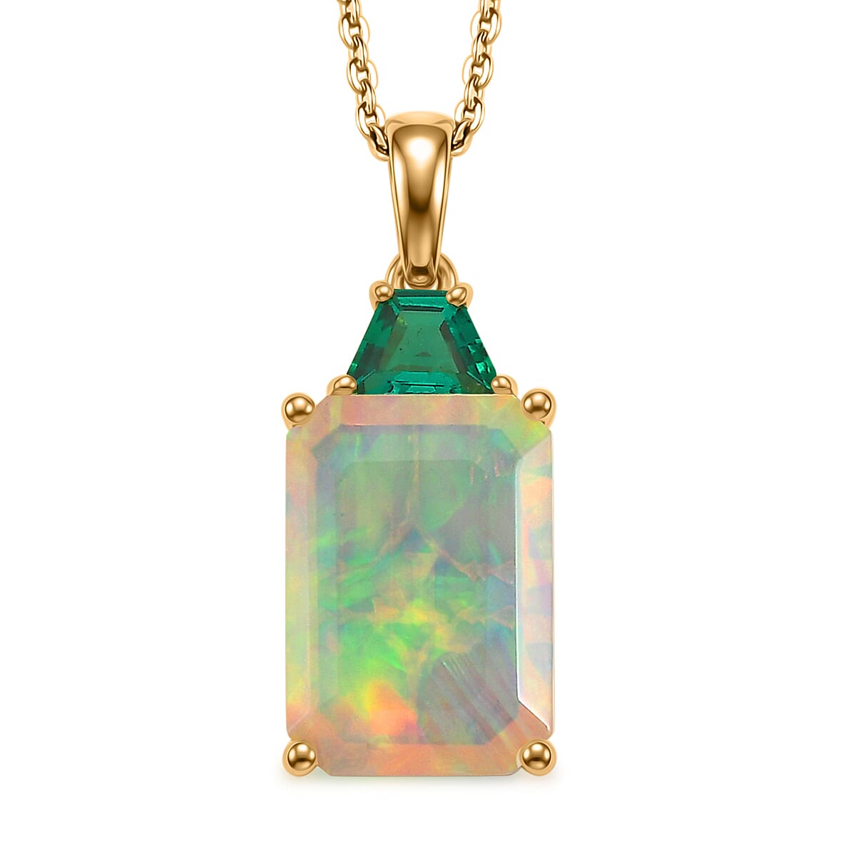 Luxuriant - AAA Ethiopian Opal &amp; Lab Grown Emerald Pendant with Chain (Size -20) in 18K Vermeil Yellow Gold Plated Sterling Silver 3.96 Ct. 4468047 0
