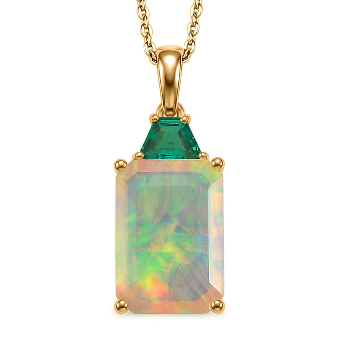 Luxuriant - AAA Ethiopian Opal &amp; Lab Grown Emerald Pendant with Chain (Size -20) in 18K Vermeil Yellow Gold Plated Sterling Silver 3.96 Ct. 4468047 1