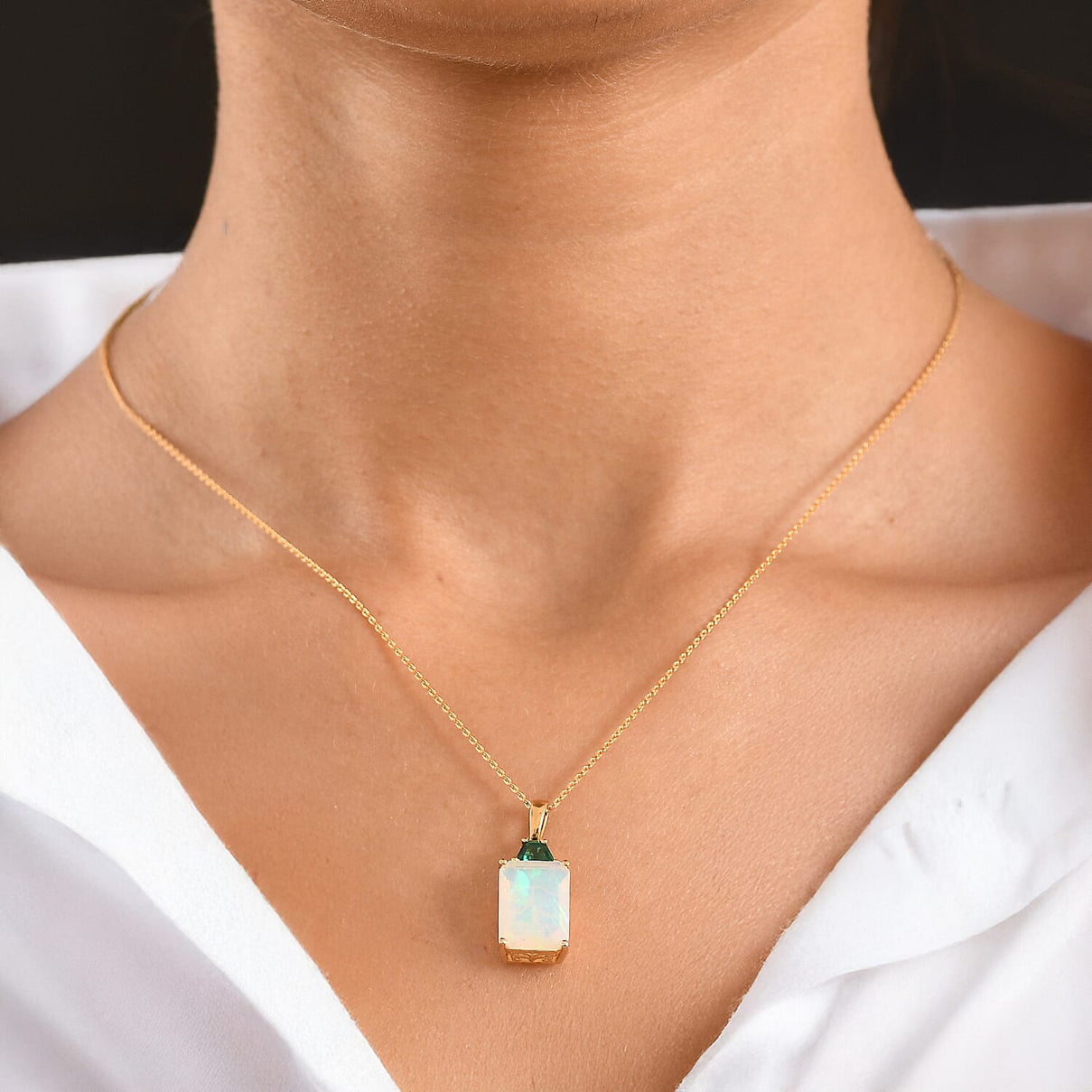 Luxuriant - AAA Ethiopian Opal &amp; Lab Grown Emerald Pendant with Chain (Size -20) in 18K Vermeil Yellow Gold Plated Sterling Silver 3.96 Ct. 4468047 2