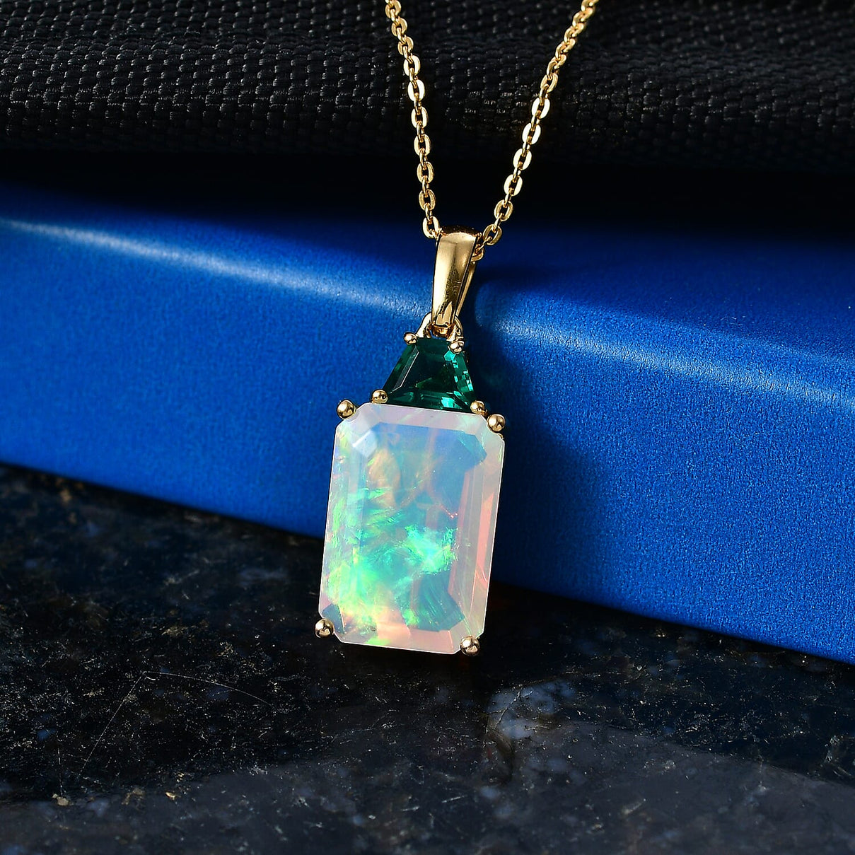 Luxuriant - AAA Ethiopian Opal &amp; Lab Grown Emerald Pendant with Chain (Size -20) in 18K Vermeil Yellow Gold Plated Sterling Silver 3.96 Ct. 4468047 3
