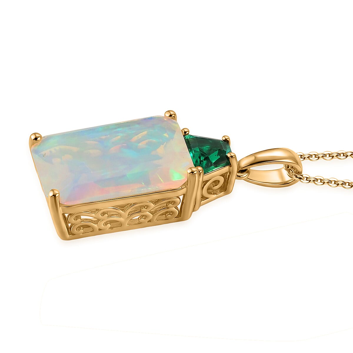 Luxuriant - AAA Ethiopian Opal &amp; Lab Grown Emerald Pendant with Chain (Size -20) in 18K Vermeil Yellow Gold Plated Sterling Silver 3.96 Ct. 4468047 4