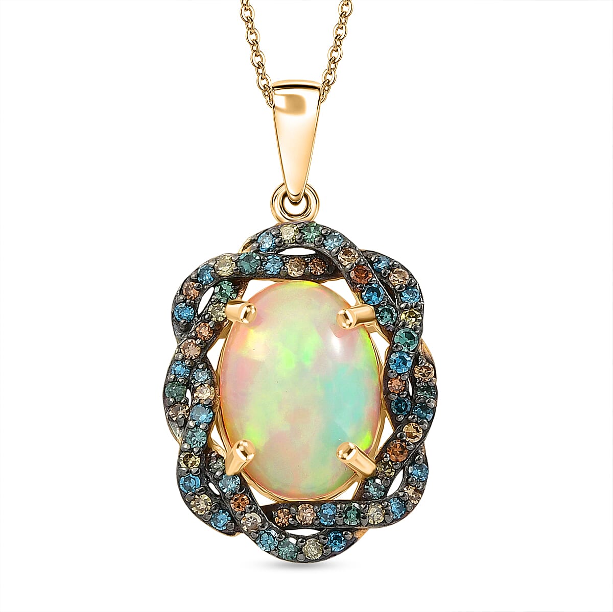 AAA Ethiopian Opal &amp; SI-G-H Lab Grown Multi Diamond Cluster Halo Pendant with Chain (Size 20) in 18K Vermeil Yellow Gold Plated Sterling Silver 5.08 Ct 4470702 0
