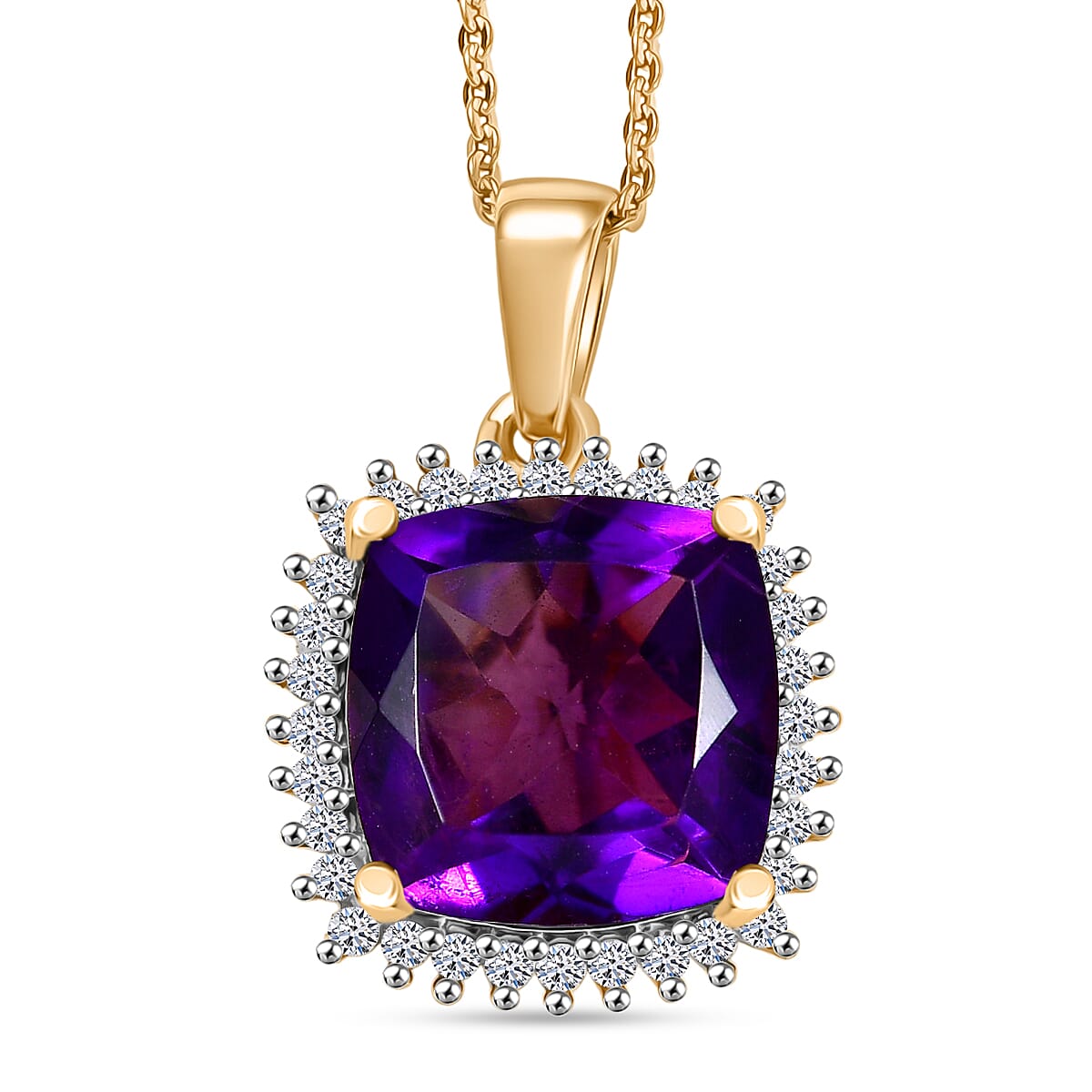 Luxuriant AAA African Amethyst &amp; SI-G-H Lab Grown Diamond Pendant with Chain (Size 20) in 18K Vermeil Yellow Gold Plated Sterling Silver 5.36 Ct 4454412 0