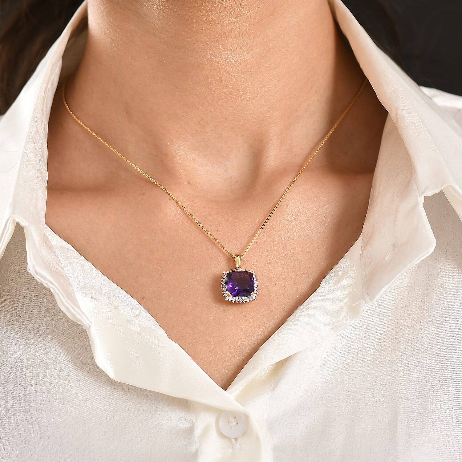 Luxuriant AAA African Amethyst &amp; SI-G-H Lab Grown Diamond Pendant with Chain (Size 20) in 18K Vermeil Yellow Gold Plated Sterling Silver 5.36 Ct 4454412 2