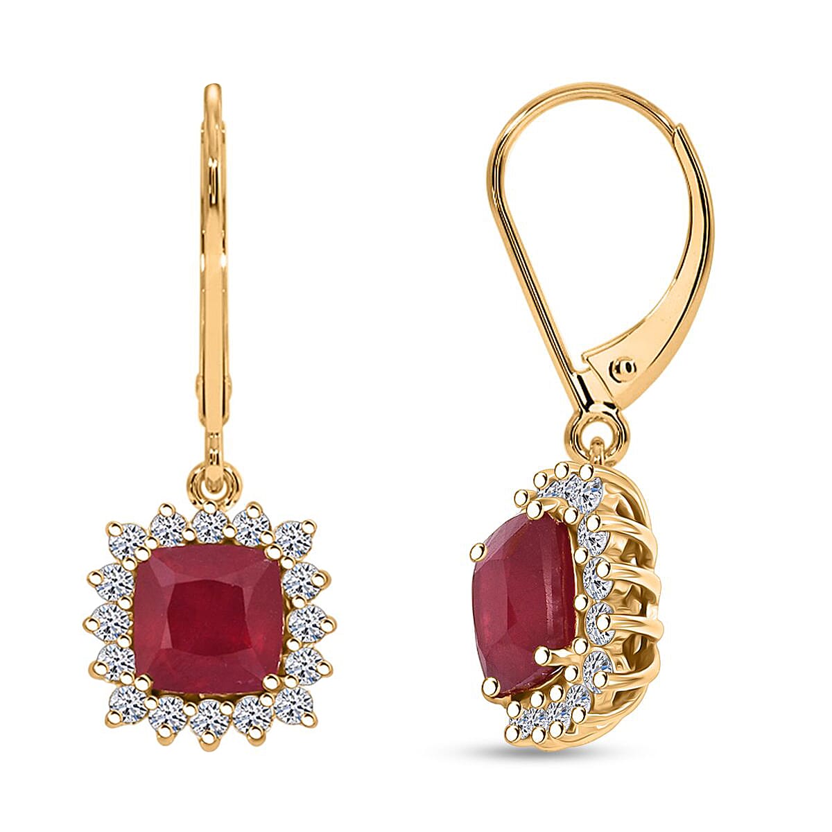 LUXURIANT 5 Ct. Natural African Ruby, Lab Grown Diamond Halo Earrings with Lever Back in 18K Vermeil Yellow Gold Plated Sterling Silver (SI-GH) 8273293 0