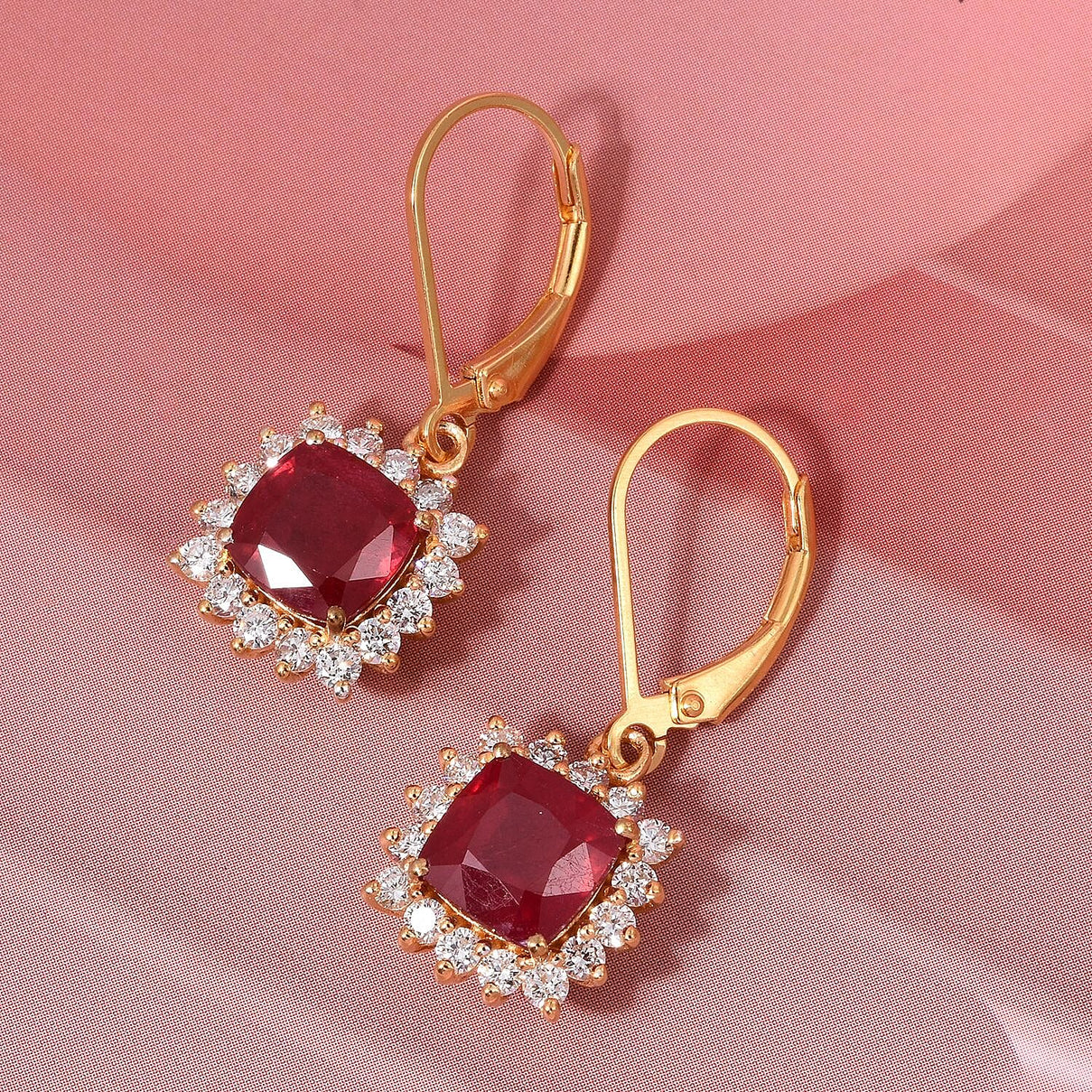 LUXURIANT 5 Ct. Natural African Ruby, Lab Grown Diamond Halo Earrings with Lever Back in 18K Vermeil Yellow Gold Plated Sterling Silver (SI-GH) 8273293 2