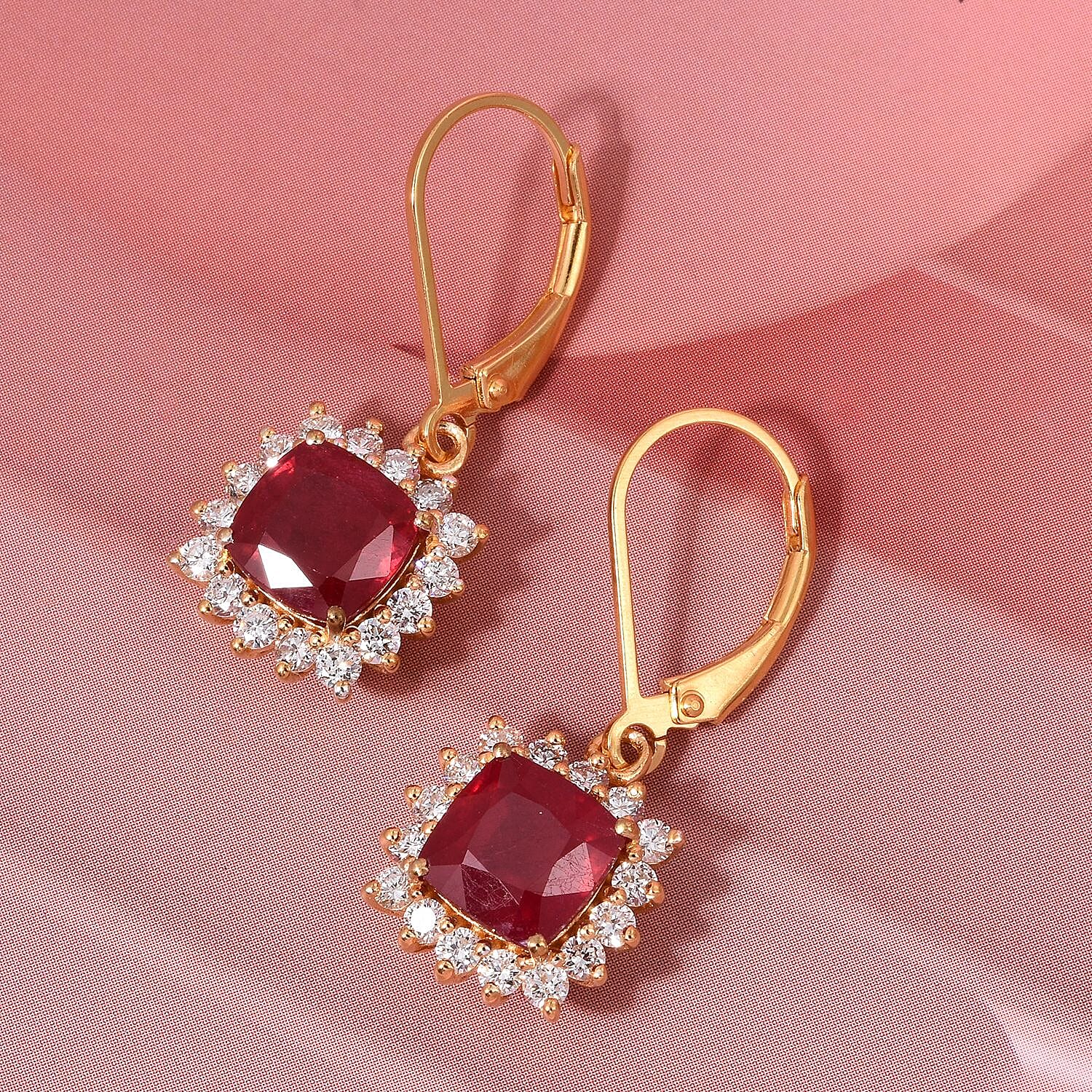 LUXURIANT 5 Ct. Natural African Ruby, Lab Grown Diamond Halo Earrings with Lever Back in 18K Vermeil Yellow Gold Plated Sterling Silver (SI-GH) 8273293 2