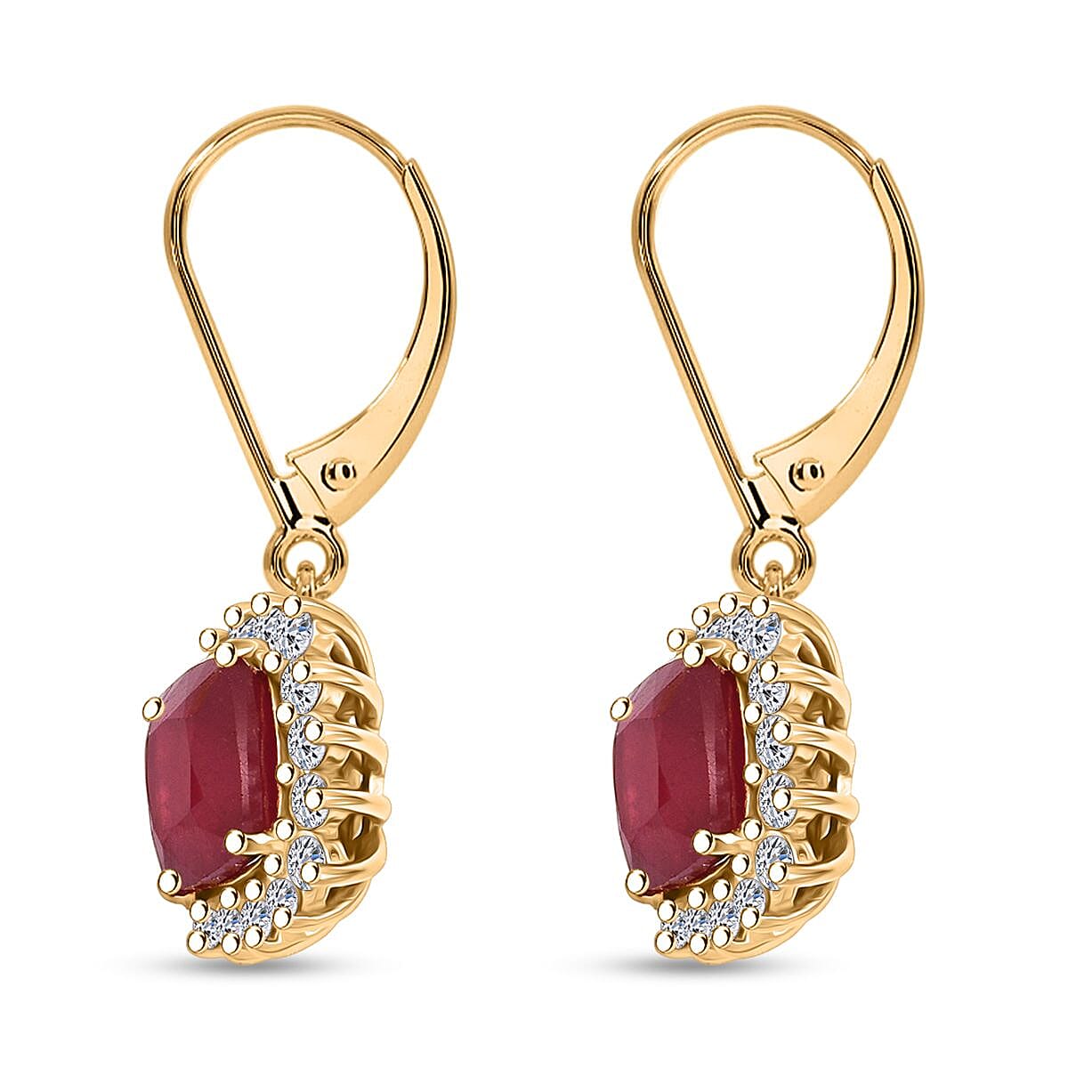LUXURIANT 5 Ct. Natural African Ruby, Lab Grown Diamond Halo Earrings with Lever Back in 18K Vermeil Yellow Gold Plated Sterling Silver (SI-GH) 8273293 3