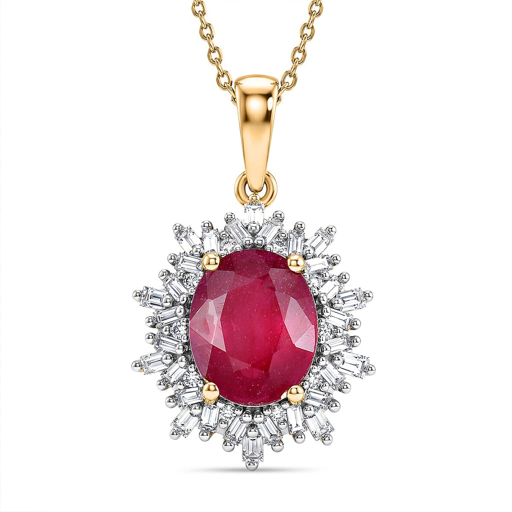 Luxuriant - African Ruby (3.84ct) & SI-GH Lab Grown Diamond (0.43ct) Halo Pendant with Chain (Size 20) in 18K Vermeil Yellow Gold Plated Sterling Silver 4.27 Ct.