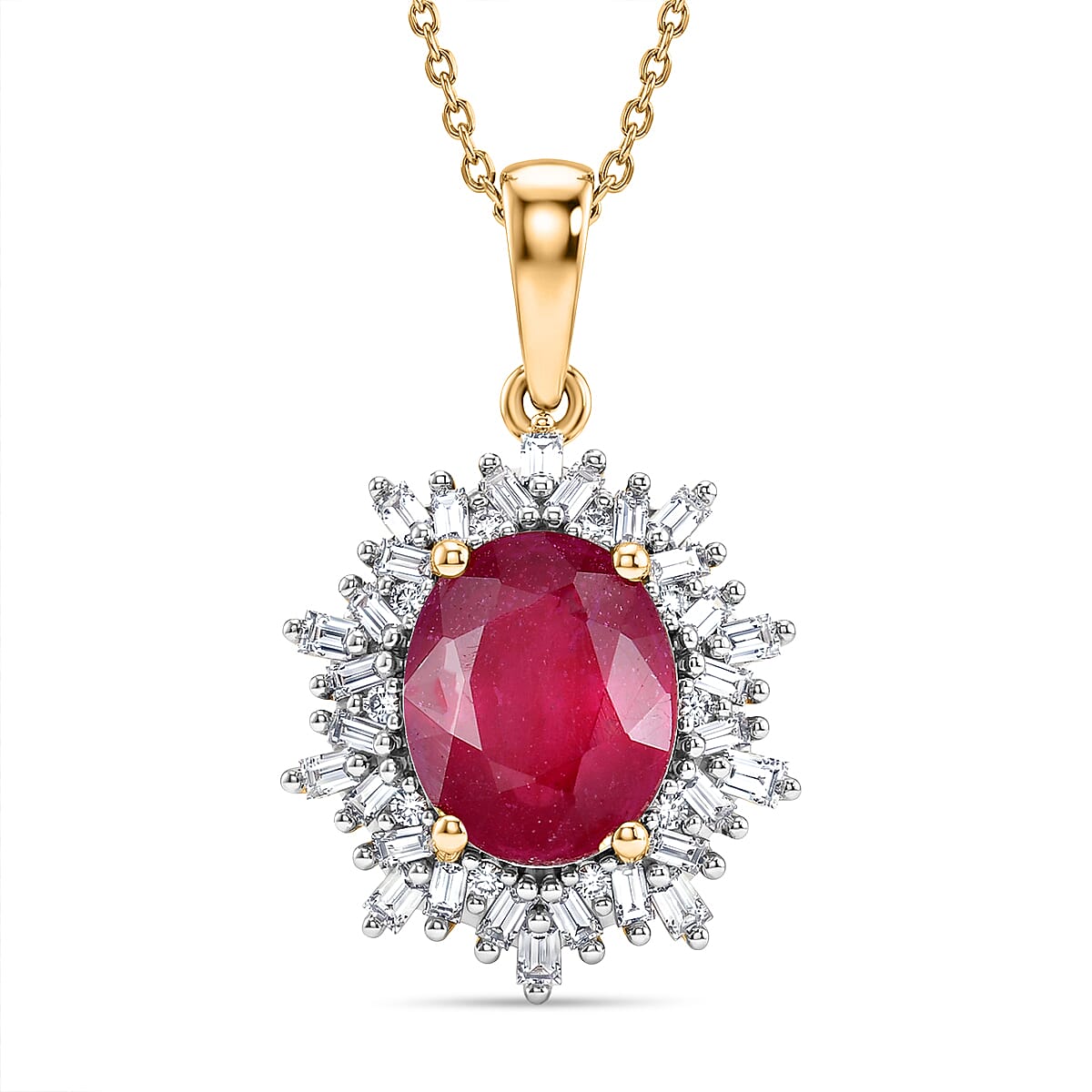 LUXURIANT African Ruby, Lab Grown Diamond Sunburst Pendant with Chain (Size 20) in 18K Vermeil Yellow Gold Plated Sterling Silver 4.27 Ct. (SI/G-H) 4455821 0