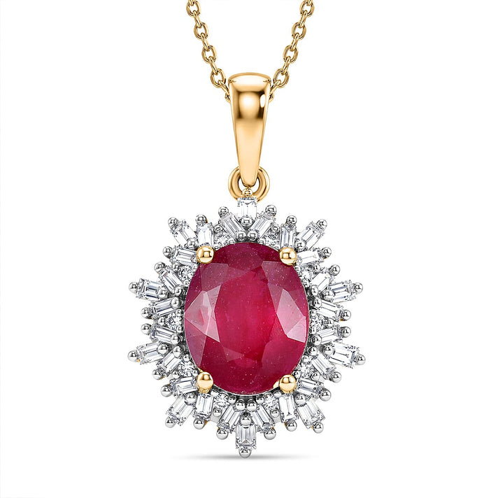 LUXURIANT African Ruby, Lab Grown Diamond Sunburst Pendant with Chain (Size 20) in 18K Vermeil Yellow Gold Plated Sterling Silver 4.27 Ct. (SI/G-H) 4455821 1
