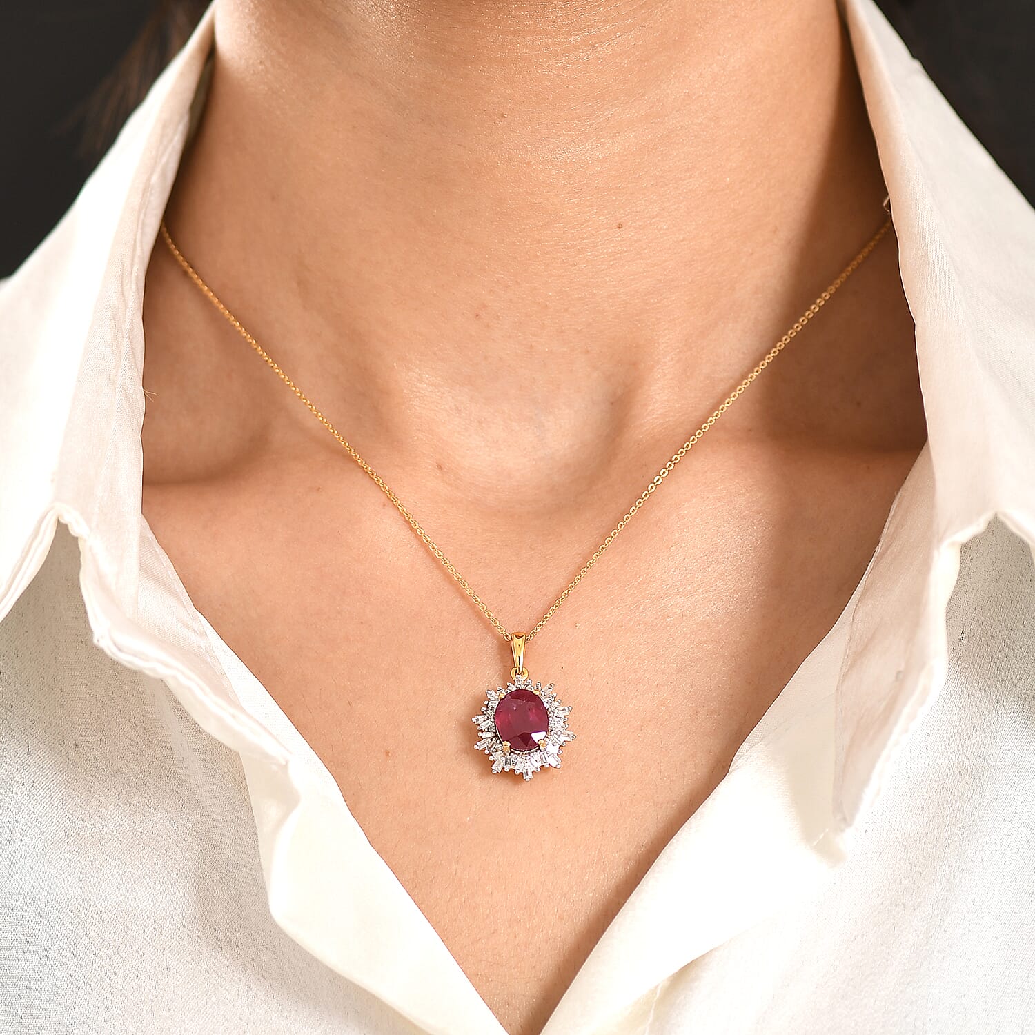 LUXURIANT African Ruby, Lab Grown Diamond Sunburst Pendant with Chain (Size 20) in 18K Vermeil Yellow Gold Plated Sterling Silver 4.27 Ct. (SI/G-H) 4455821 2