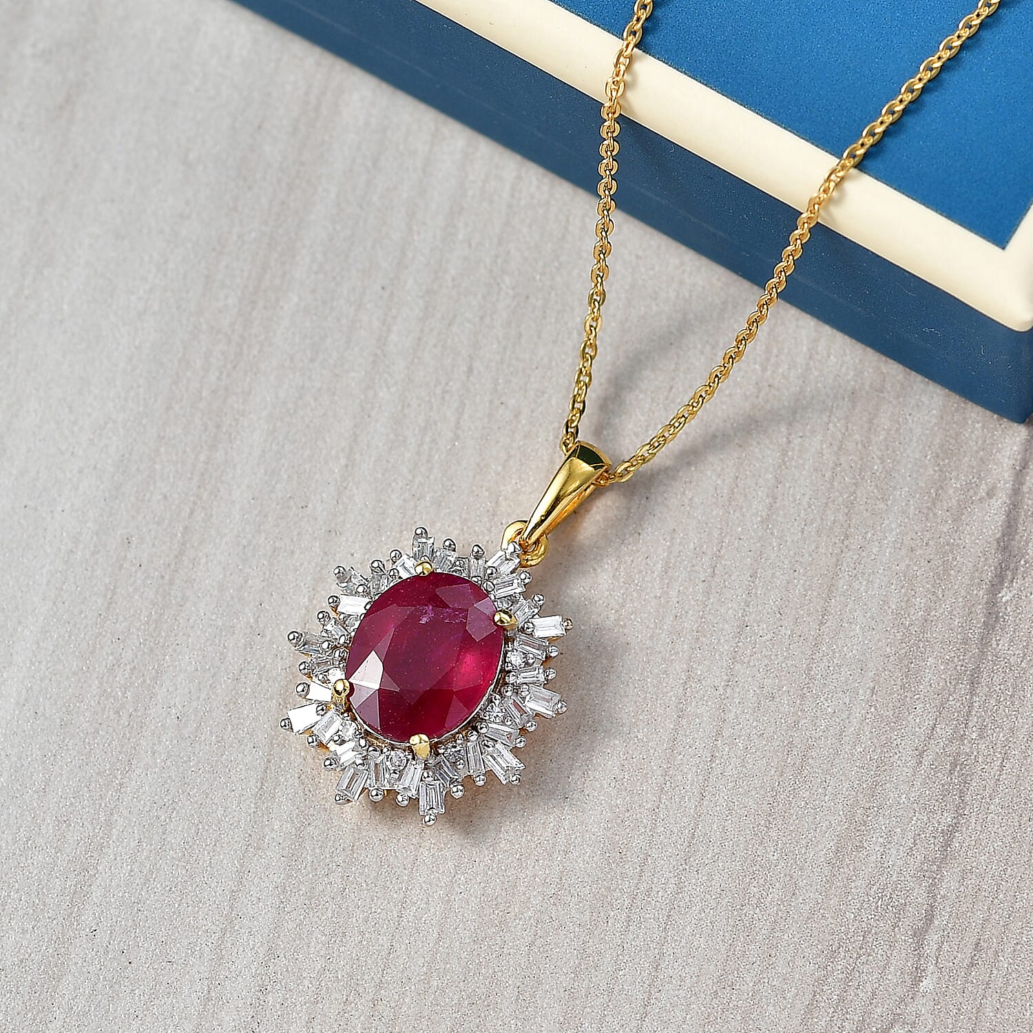LUXURIANT African Ruby, Lab Grown Diamond Sunburst Pendant with Chain (Size 20) in 18K Vermeil Yellow Gold Plated Sterling Silver 4.27 Ct. (SI/G-H) 4455821 3