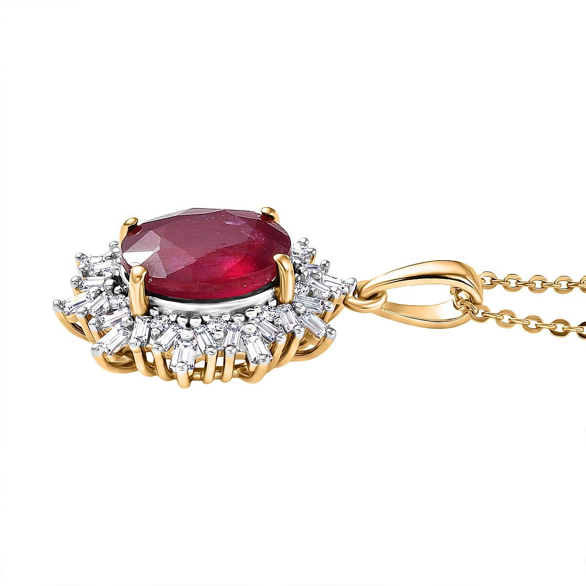 LUXURIANT African Ruby, Lab Grown Diamond Sunburst Pendant with Chain (Size 20) in 18K Vermeil Yellow Gold Plated Sterling Silver 4.27 Ct. (SI/G-H) 4455821 4