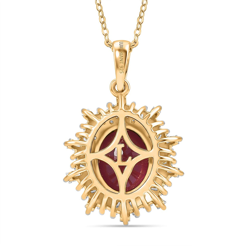 Luxuriant - African Ruby (3.84ct) & SI-GH Lab Grown Diamond (0.43ct) Halo Pendant with Chain (Size 20) in 18K Vermeil Yellow Gold Plated Sterling Silver 4.27 Ct.