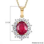 Luxuriant - African Ruby (3.84ct) & SI-GH Lab Grown Diamond (0.43ct) Halo Pendant with Chain (Size 20) in 18K Vermeil Yellow Gold Plated Sterling Silver 4.27 Ct.