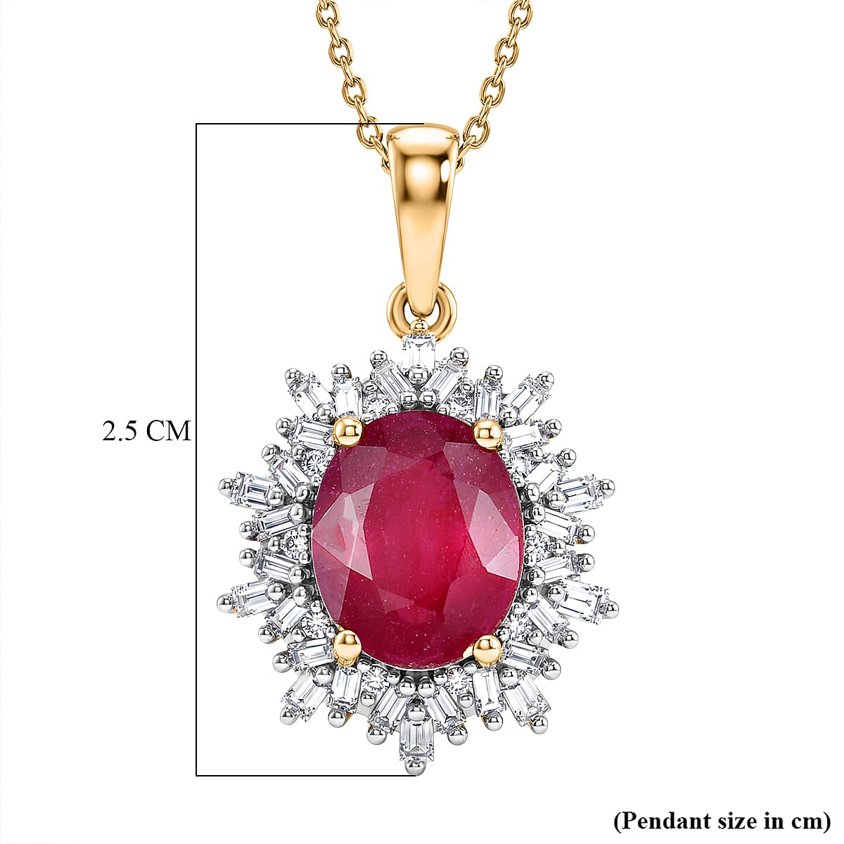 LUXURIANT African Ruby, Lab Grown Diamond Sunburst Pendant with Chain (Size 20) in 18K Vermeil Yellow Gold Plated Sterling Silver 4.27 Ct. (SI/G-H) 4455821 6