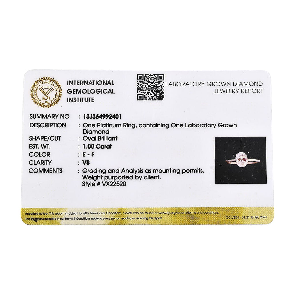 Luxuriant Diamond - 950 Platinum IGI Certified (VS-E-F) Lab Grown Diamond Oval Ring 1.00 Ct.
