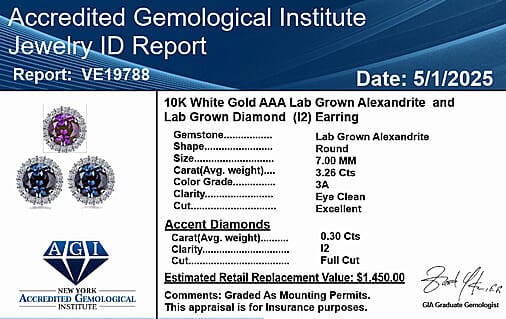 Certified &amp; Appraised LUXURIANT AAA Lab Grown Alexandrite, Lab Grown Diamond Halo Earring in 10K White Gold, 3.79 Ct. 8112099 6