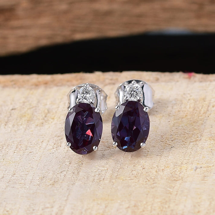 Appraised &amp; Certified LUXURIANT 10K White Gold AAA Lab Grown Alexandrite, Lab Grown Diamond Solitaire Stud Push Post Earring, AGI Certified (GH, SI) 8162668 2