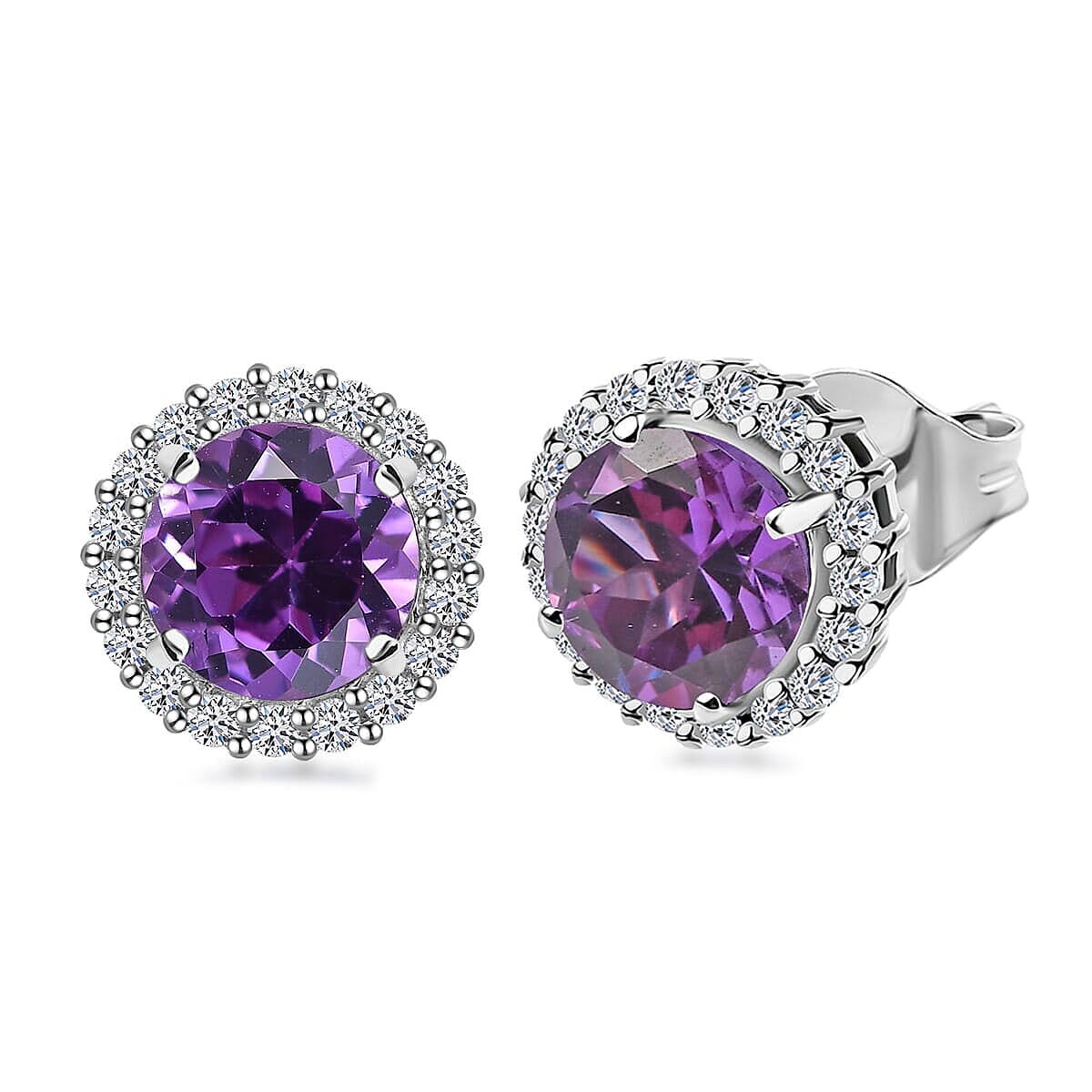 Certified &amp; Appraised LUXURIANT AAA Lab Grown Purple Sapphire, Lab Grown Diamond Halo Earrings in 10K White Gold (G-H, SI) 4.24 Ct. 8112453 0