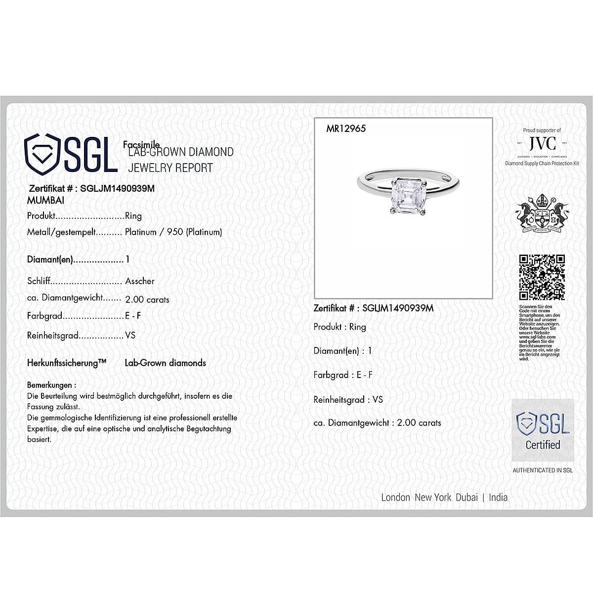 LUXURIANT 950 Platinum SGL Certified (VS/G-H) Lab Grown Diamond Ring 2.04 Ct. 7974718 5