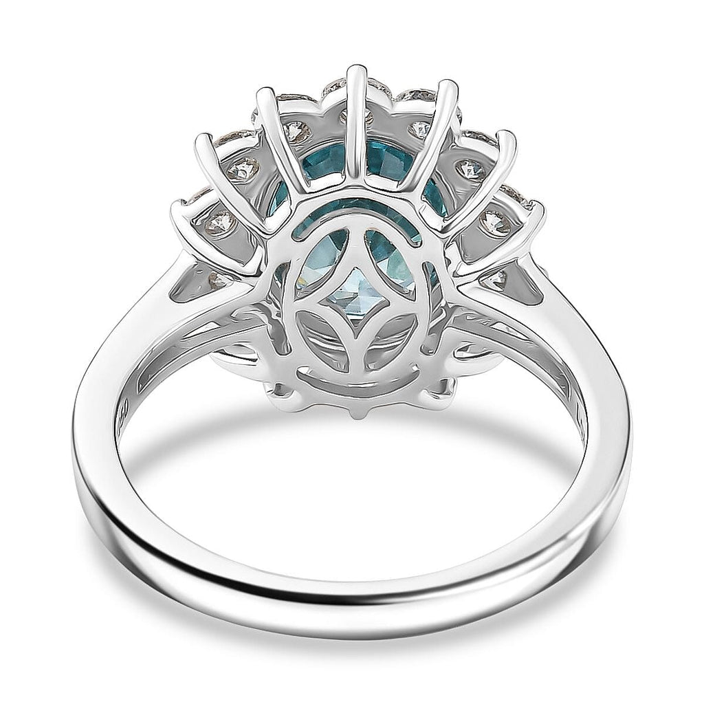 Luxuriant Diamond 950 Platinum AAA Ratnakiri Blue Zircon & (SI-G-H) Lab Grown Diamond Halo Ring 4.95 Ct, Platinum Wt.5.55 Gms.