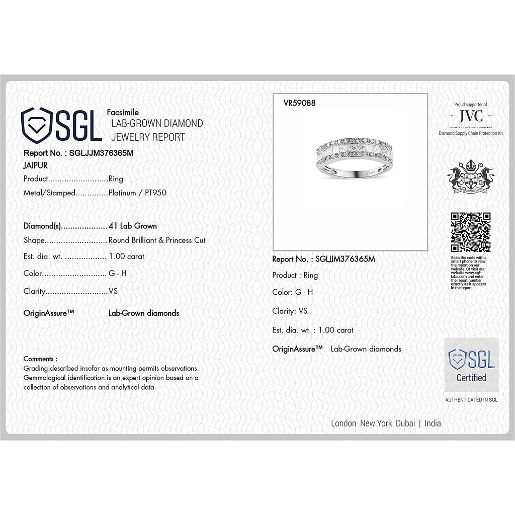 Luxuriant Diamond 950 Platinum SGL Certified Lab Grown Diamond (VS-GH) Band Ring 1.00 Ct, Platinum Wt. 5.45 Gms.