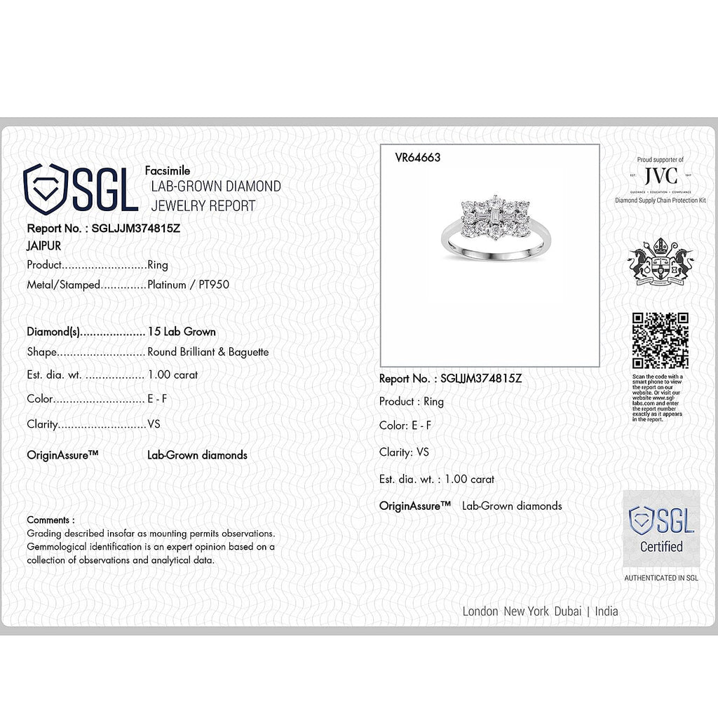 Luxuriant 950 Platinum SGL Certified (VS-EF) Lab Grown Diamond Boat Ring 1.00 Ct, Platinum Wt. 4.41 Gms