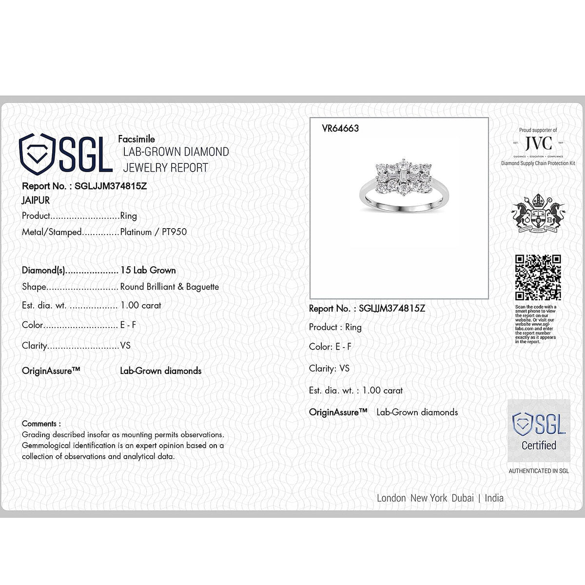 LUXURIANT 950 Platinum SGL Certified (VS-EF) Lab Grown Diamond Boat Ring 1 Ct. Platinum Wt 4.50 Gms 8062899 7