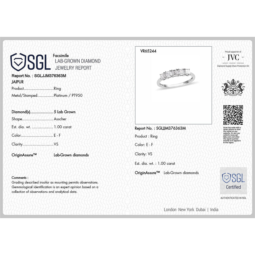 Luxuriant Diamond 950 Platinum VS Lab Grown Diamond EF, VS 5 Stone Ring, Platinum Wt.4 Gms  1.130  Ct.
